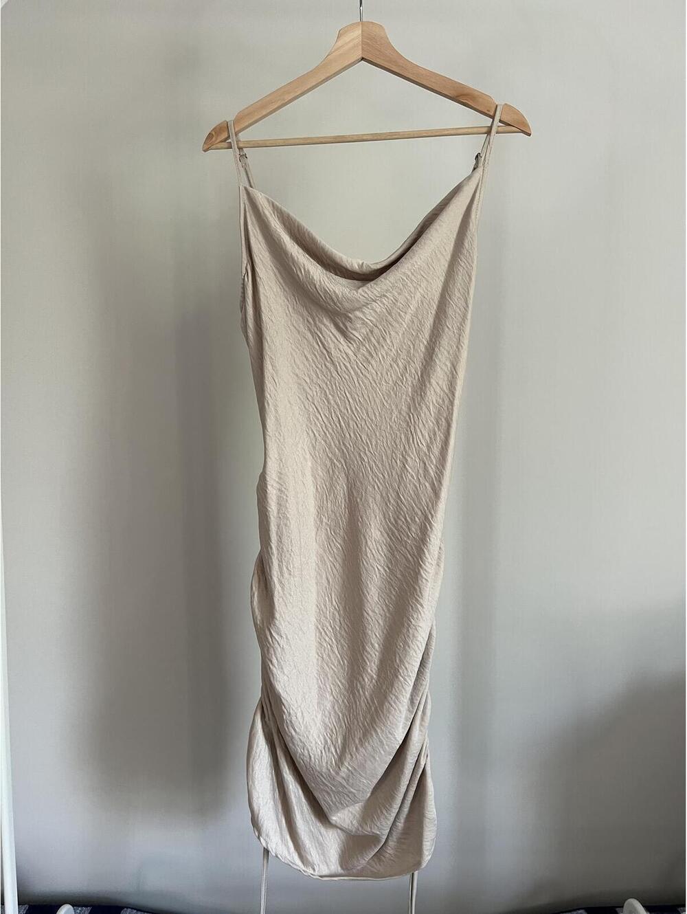 By Together Cowl Neck Ruched Bodycon Taupe Dress - Size Large - Made in USA